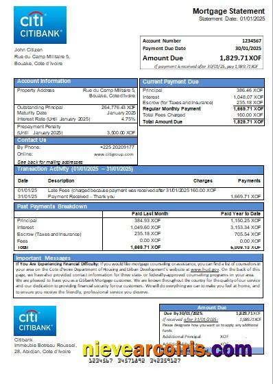 Cote d’Ivoire Citibank bank mortgage statement